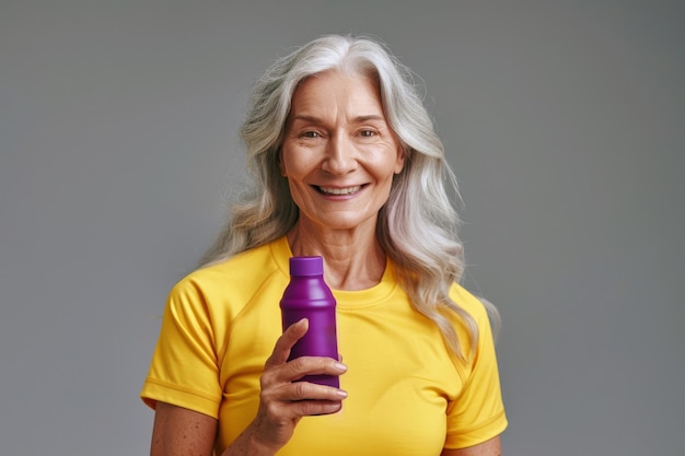 Lächelnde ältere europäische Frau in gelbem T-Shirt mit lila Sportflasche in der Hand gegen grau