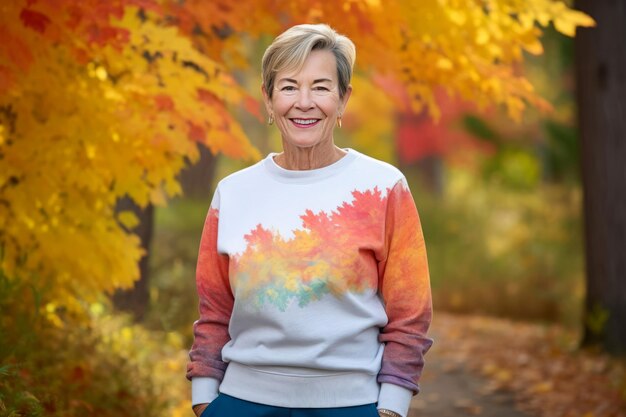 Lächelnde ältere Frau im weißen Herbstpullover Ältere Frau posiert im gelben Herbstpark Generieren Sie KI