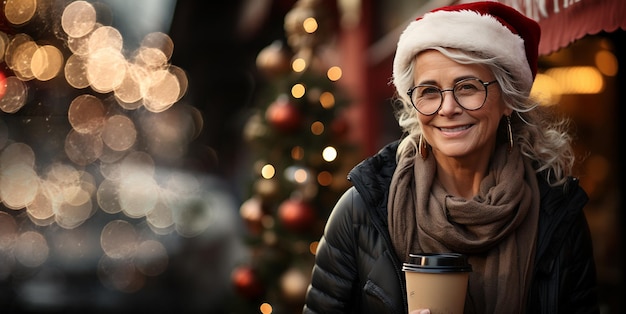 Lächelnde ältere Frau in Winterkleidung und Weihnachtsmütze spaziert am weihnachtlichen Straßenbanner der Stadt
