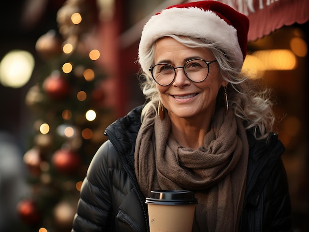 Lächelnde ältere Frau in Winterkleidung und Weihnachtsmütze spaziert vor dem Hintergrund der weihnachtlichen Stadtstraße