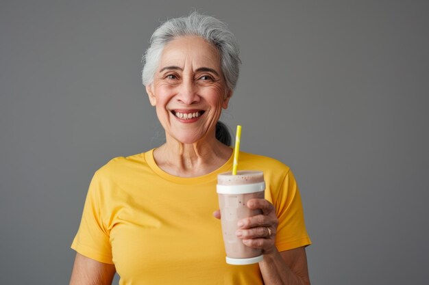 Lächelnde ältere hispanische Frau in T-Shirt mit einem Glas Proteingetränk in der Hand auf grauem Hintergrund