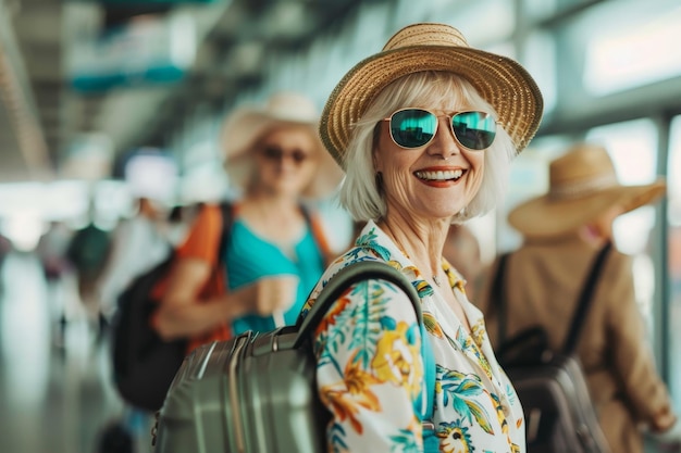 Lächelnde ältere weibliche Reisende in lässiger Kleidung, Sonnenbrille, Hüten und Koffern, die wegschauen, während g