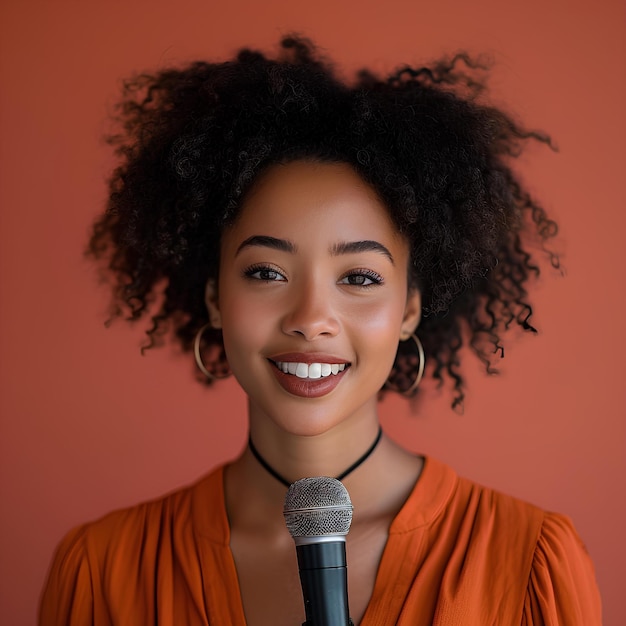 Lächelnde afroamerikanische junge Frau in Orange gekleidet, die ein Mikrofon hält