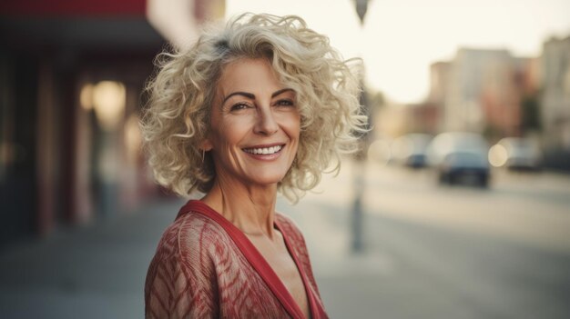 Lächelnde alte persische Frau mit blonden lockigen Haaren Fotoporträt einer lässigen Person in der Stadtstraße Fotorealistische KI-generierte horizontale Illustration