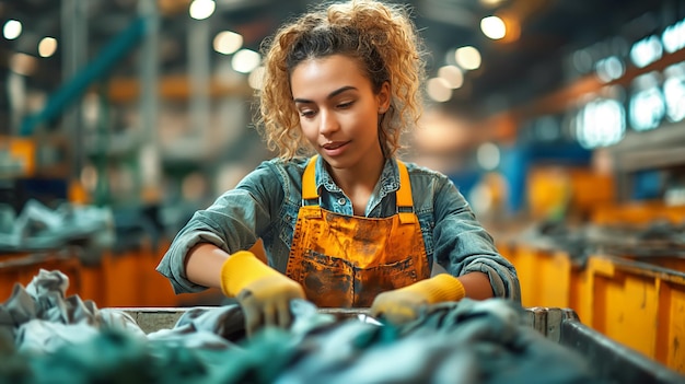 Lächelnde Arbeiterin in Sicherheitsbekleidung, die Recyclingprodukte sortiert und Nachhaltigkeit fördert