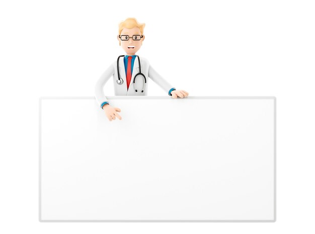 Foto lächelnde arzt-cartoon-figur mit großem banner, medizinische 3d-illustration