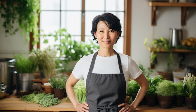 Lächelnde asiatische Frau, Ladenarbeiterin, junge weibliche Lebensmittelgeschäftsassistentin, Lebensmittelgeschäftsleiterin