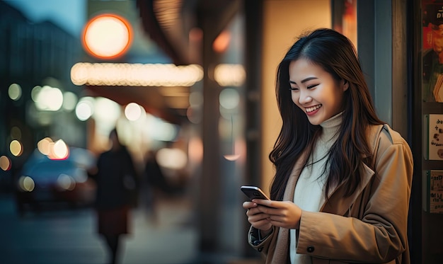 Lächelnde asiatische Frau nutzt intensiv das Telefon vor einem geschäftigen Stadthintergrund. KI-generativ