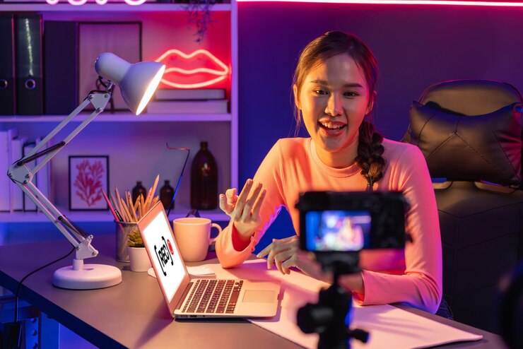 Foto lächelnde asiatische influencer aufnehmen vor der kamera mit positiver strategie
