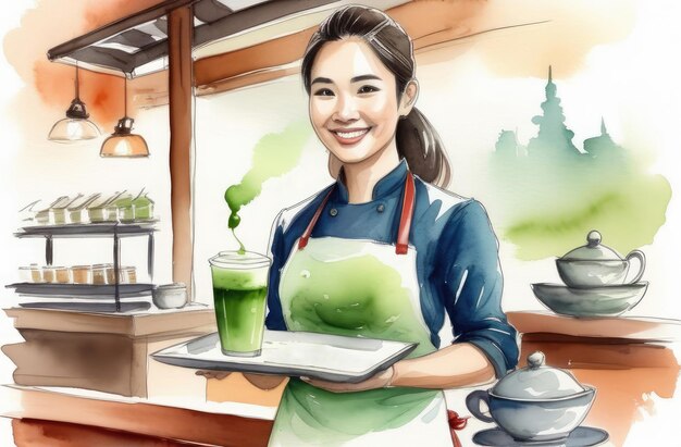 lächelnde asiatische weibliche Barista mit einer Tasse japanischen grünen Matcha-Tees auf dem Tablett Aquarell-Illustration