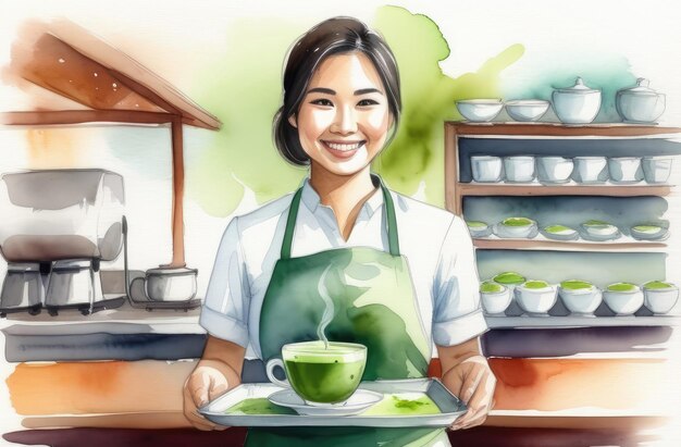 lächelnde asiatische weibliche Barista mit einer Tasse japanischen grünen Matcha-Tees auf dem Tablett Aquarell-Illustration