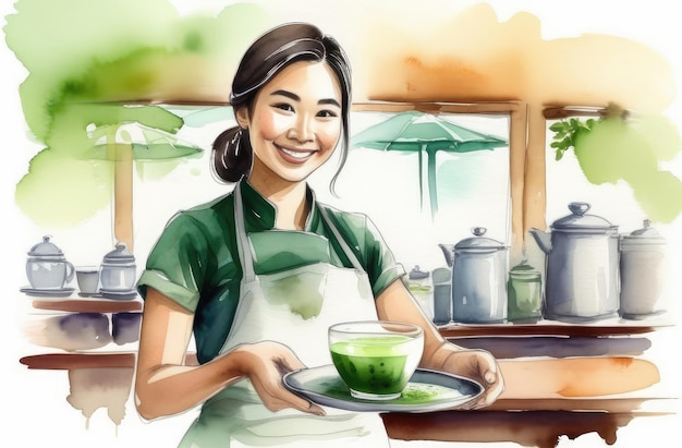 lächelnde asiatische weibliche Barista mit einer Tasse japanischen grünen Matcha-Tees auf dem Tablett Aquarell-Illustration