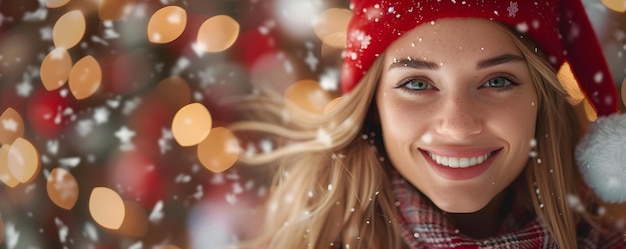 Lächelnde blonde Frau mit einem roten Weihnachtsmannshut auf Weihnachten-Hintergrund Konzept Weihnachtsthemen Porträts Feierliche Requisiten Urlaub Cheer Santa Hat Fotos Blonde Schönheit