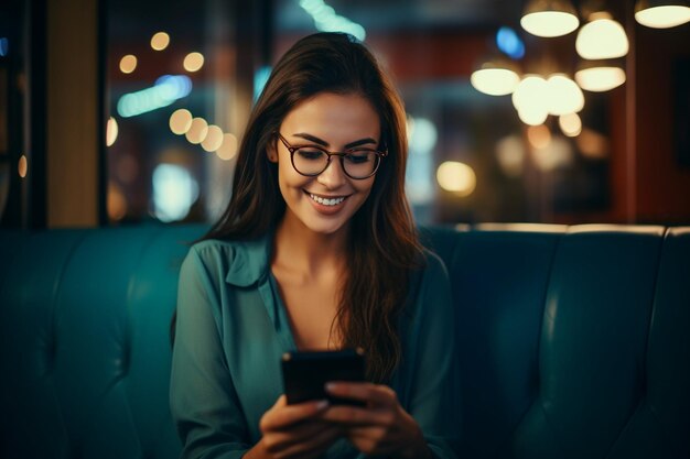 Lächelnde brünette Frau mit Brille und generativer KI am Laptop