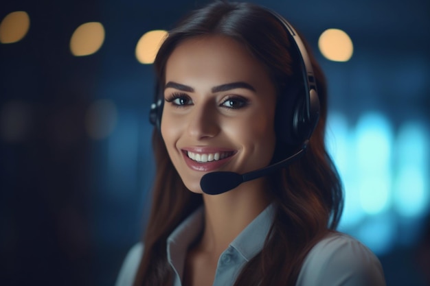 Lächelnde Callcenter-Mitarbeiterin, die in einem Büro mit generativer KI arbeitet