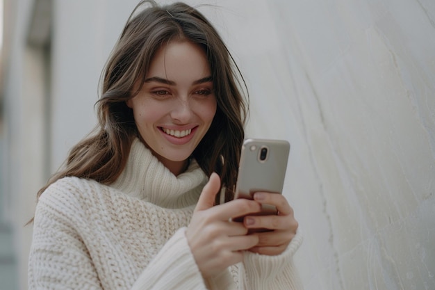 lächelnde, charmante Brünette benutzt Mobiltelefon, schreibt glückliche Texte, ist süchtig nach modernen Technologien.