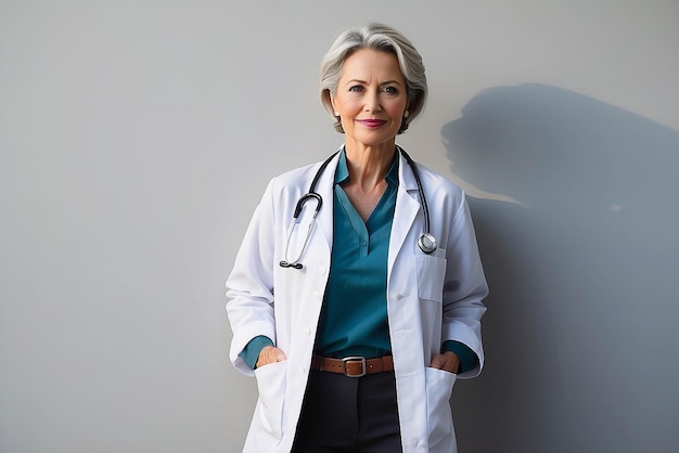 Lächelnde erwachsene weibliche Ärztin mit Händen in den Taschen steht gegen die Wand mit Schatten