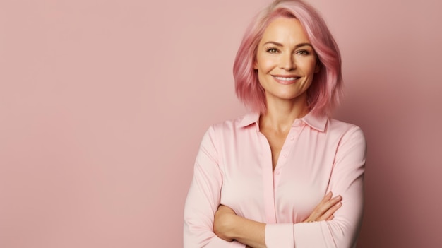 Lächelnde erwachsene weiße Frau mit rosa glattem Haar Fotoporträt einer Geschäftsperson auf solidem Hintergrund Fotorealistische KI-generierte horizontale Illustration