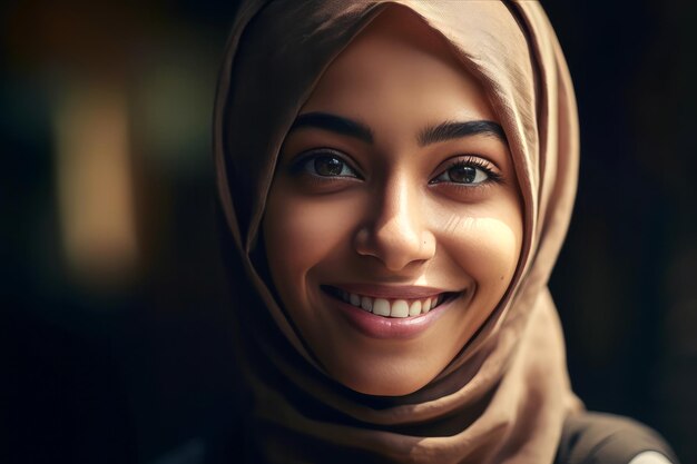 Lächelnde ethnische Frau im Hijab, die in die Kamera blickt