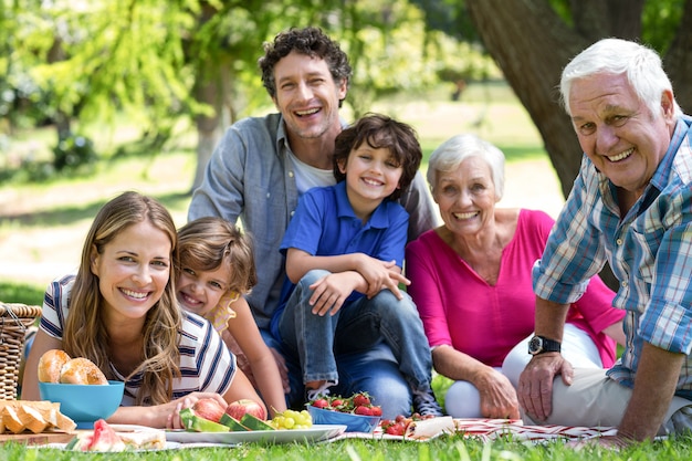 Lächelnde Familie, die ein Picknick hat