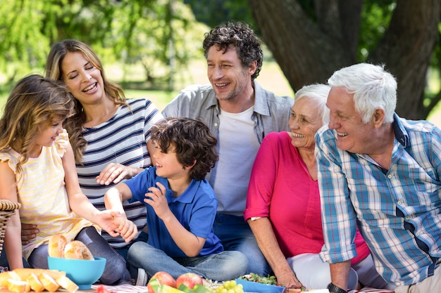 Lächelnde Familie, die ein Picknick hat