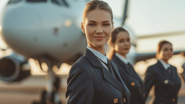 Lächelnde Flugbegleiter in Uniform laufen zuversichtlich auf dem Flugplatz mit einem Flugzeug im Hintergrund