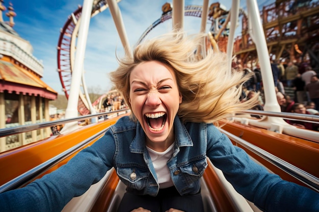 Foto lächelnde frau auf einer achterbahn