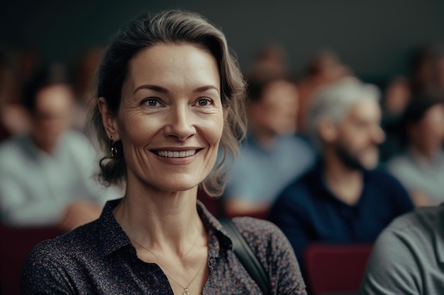 Lächelnde Frau beim Treffen verwischt den von der KI erzeugten Hintergrund