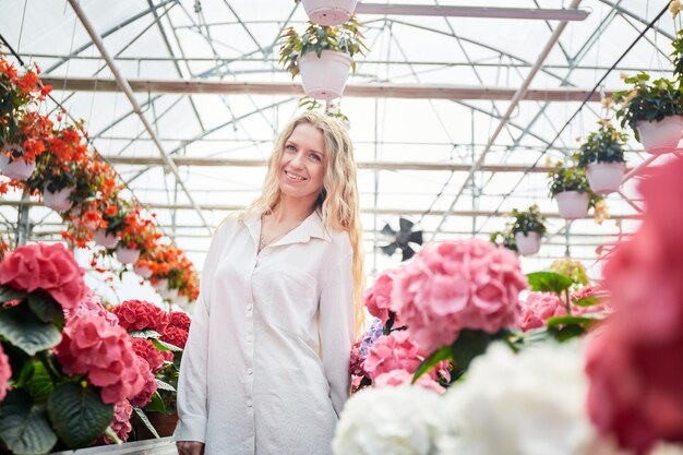 lächelnde Frau, die in der Nähe des industriellen Gewächshauses der schönen rosa Blumen mit bunten Hortensien steht