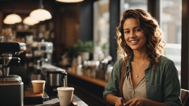 lächelnde Frau, die in einem Café arbeitet und Kaffee macht