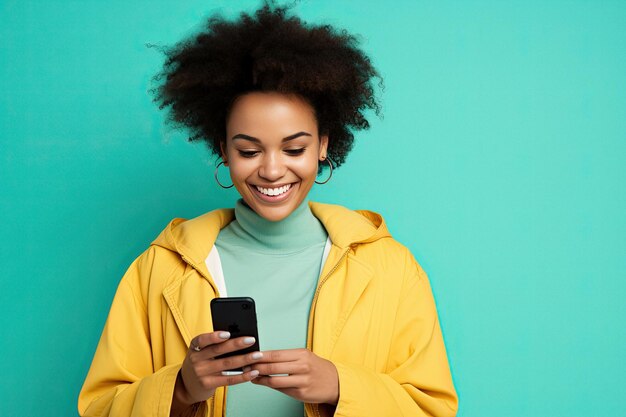 Foto lächelnde frau, die mit dem smartphone online einkaufen, isoliert auf farbenfrohem studio-hintergrund