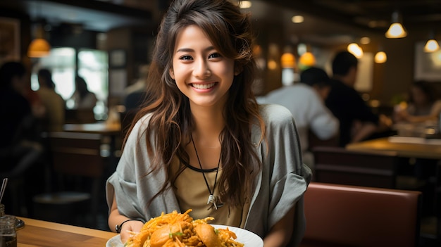 Lächelnde Frau, die mit einem Teller voll Essen an einem Tisch sitzt Generative KI