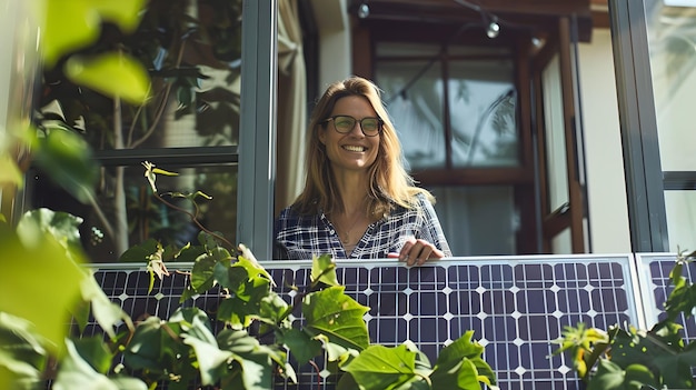 Lächelnde Frau, die zu Hause hinter Solarpanelen steht Nachhaltiges Leben und grüne Energie Umweltfreundliches Haus Erneuerbare Ressourcen Konzept KI