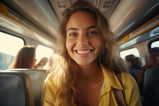 Lächelnde Frau, die zwischen den Passagiersitzen eines Touristenbusses steht
