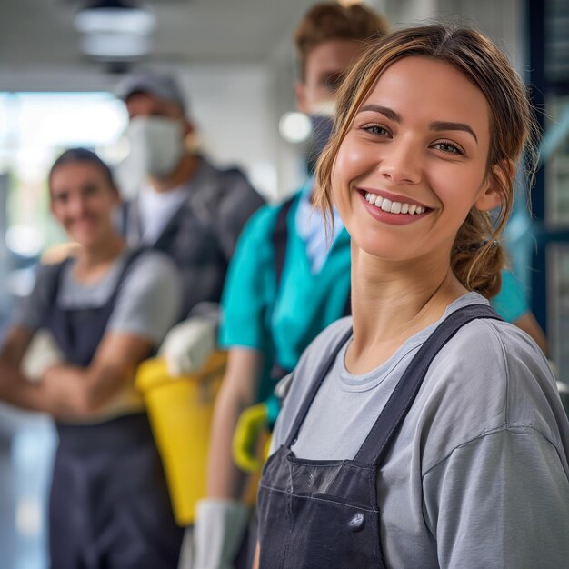 Lächelnde Frau führt eine Gruppe von Arbeitern an