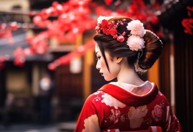 Lächelnde Frau im traditionellen roten Kimono Sakura