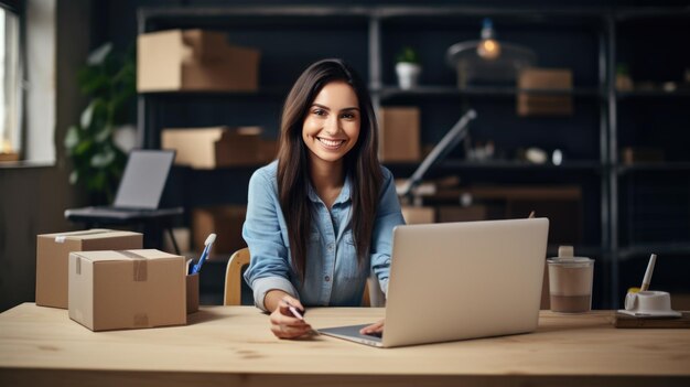 Foto lächelnde frau in einem lagerhaus oder lagerraum voller kisten arbeitet an einem laptop