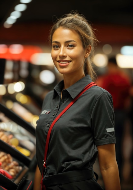 Lächelnde Frau in einem schwarzen Hemd mit rotem Kragen in einem Supermarkt