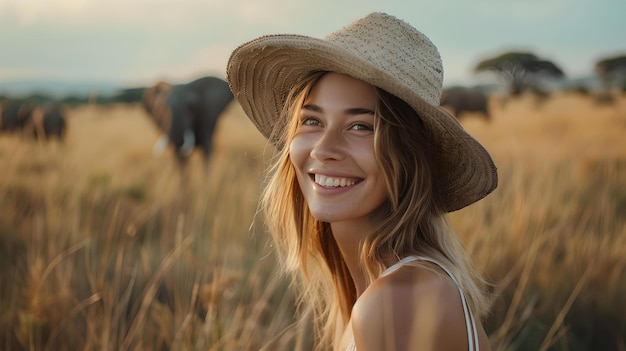 Lächelnde Frau in einem Strohhut, die die goldene Stunde auf dem Feld genießt, lässiges Lebensstilporträt mit warmen Tönen, ideal für Sommerthemen, KI