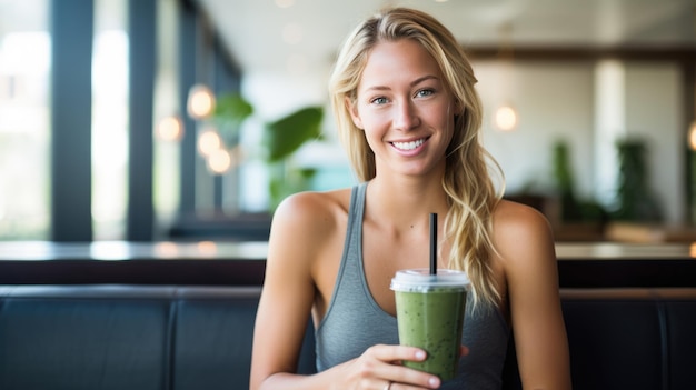 Lächelnde Frau in einer leichten, luftigen Küche mit einem Smoothie