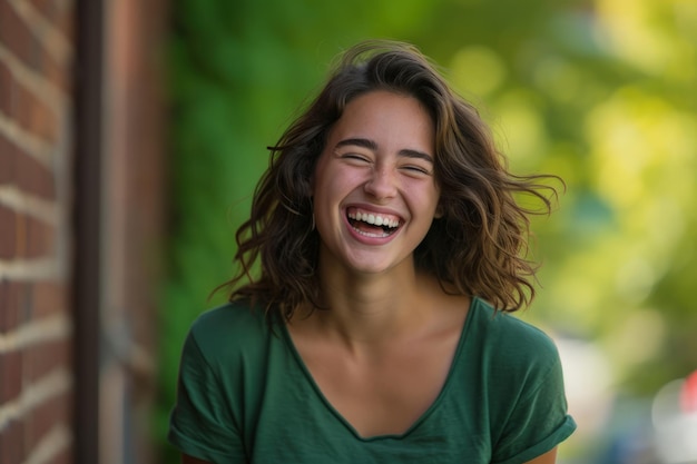 Lächelnde Frau in grünem Hemd neben der Ziegelsteinmauer