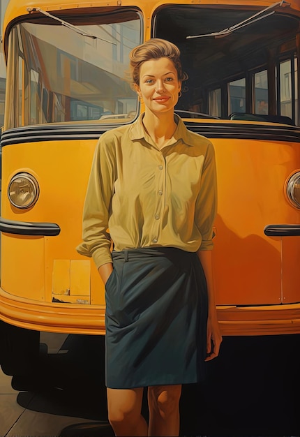 Foto lächelnde frau in khaki steht neben einem gelben bus im stil eines wohlhabenden porträts