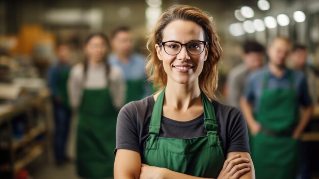 Foto lächelnde frau in sicherheitsbrille und grüner arbeitsschürze mit mehreren anderen arbeitern in ähnlichen uniformen, die im hintergrund verschwommen sind, was auf eine teamumgebung in einer industriellen oder verarbeitenden umgebung hindeutet