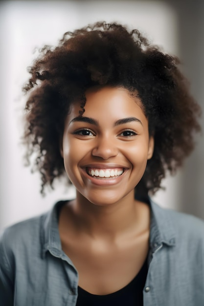 Lächelnde Frau mit Afro-Haaren und blauem Hemd, die in die Kamera blickt Generative KI