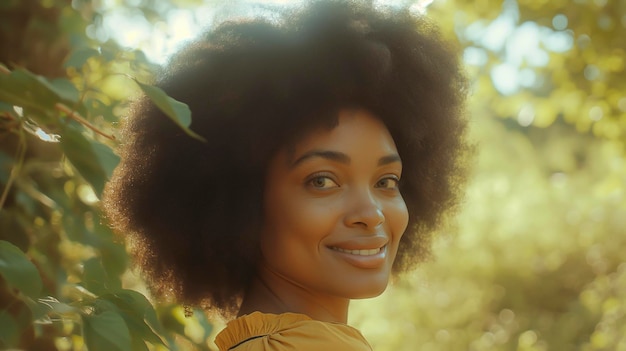 Lächelnde Frau mit Afrohaaren und gelbem Kleid im Wald