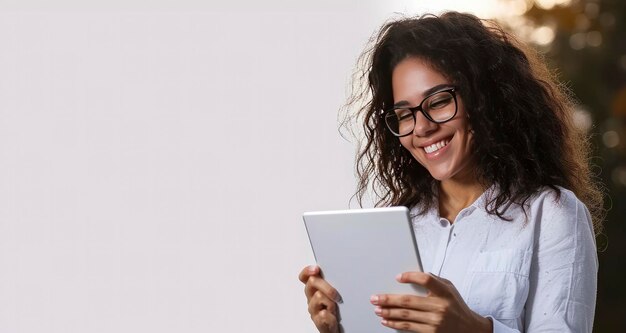 Foto lächelnde frau mit brille hält digitales tablet in der hand, während sie drinnen steht