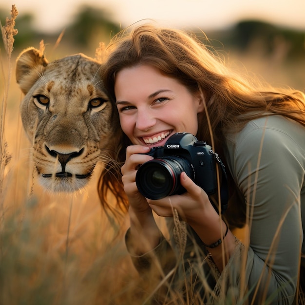 Foto lächelnde frau mit einem löwen