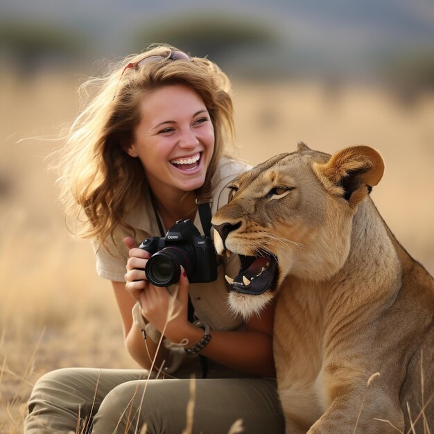 Foto lächelnde frau mit einem löwen