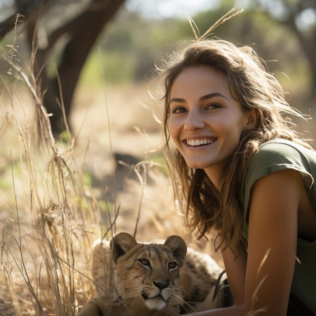 Foto lächelnde frau mit einem löwenwelpen in der wildnis