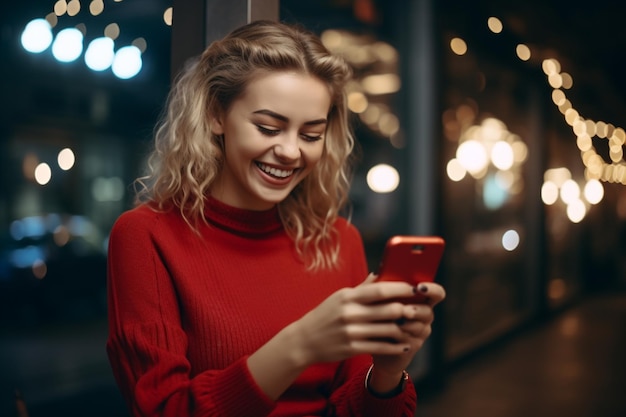 Lächelnde Frau mit einem Telefon in der Hand und lächelnd
